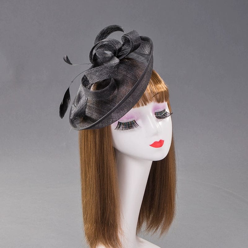 Elegant white linen flat-top banquet cap with bow detail, designed as a bridal topper hat for a sophisticated wedding look.