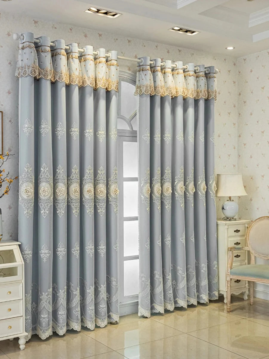Double layer black embroidered jacquard sheer curtains by Showlu Fashion with elegant European embroidery and blackout lining.
