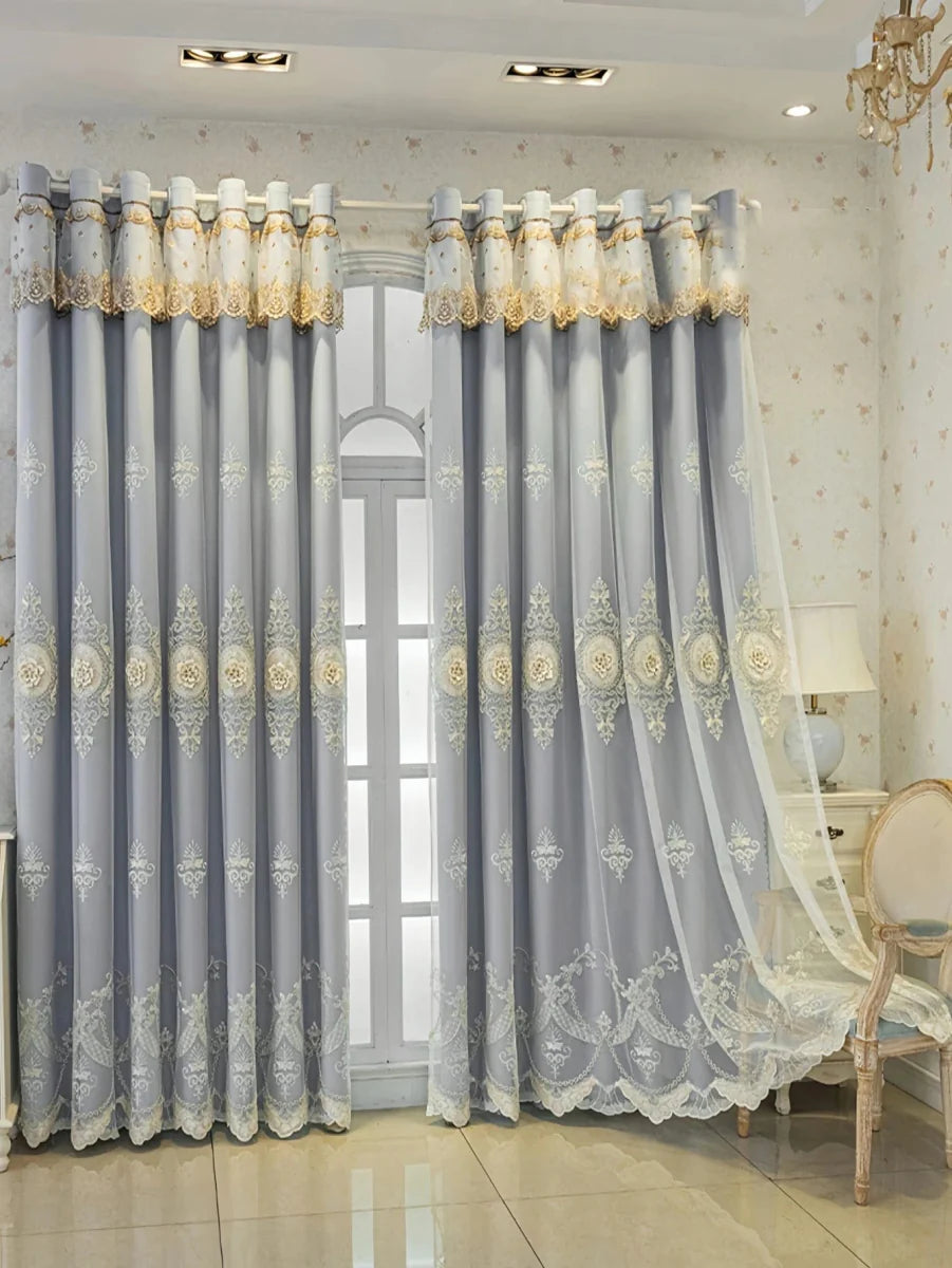 Double layer embroidered jacquard sheer curtains by Showlu Fashion, featuring intricate European embroidery and blackout design.