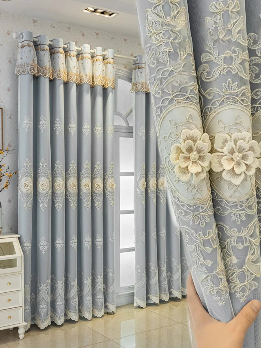 European-style Showlu Fashion double layer embroidered jacquard sheer curtains with blackout and sheer overlay for elegant window decor.