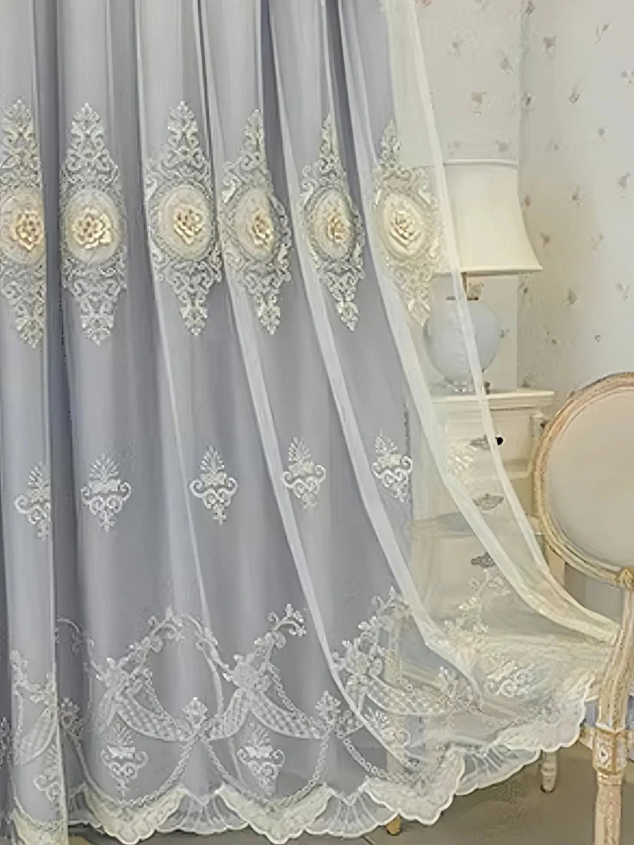 European embroidered Jacquard sheer curtains by Showlu Fashion with double-layer design, blackouts, and elegant sheer overlay.