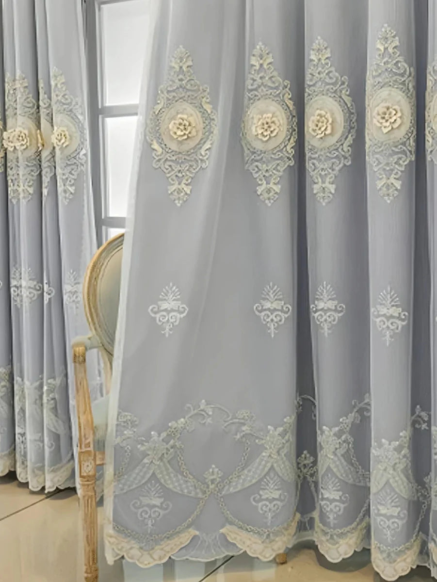 European embroidered jacquard sheer curtains by Showlu Fashion, double-layer blackout curtains with elegant sheer overlay.