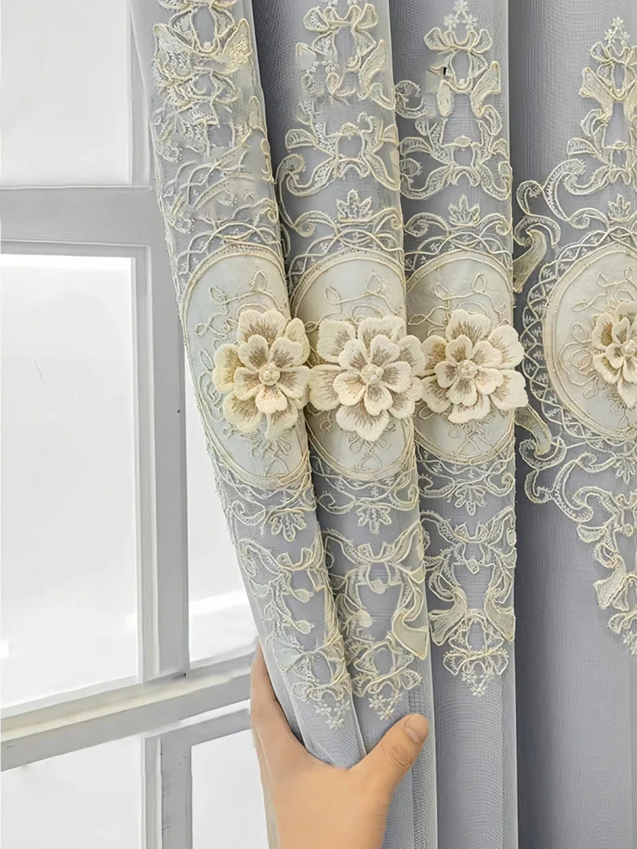 European embroidered jacquard sheer curtains by Showlu Fashion, double layer with blackout and sheer overlay for elegant window decor.