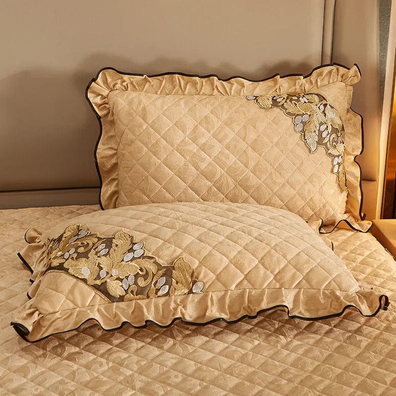 Luxury velvet quilted bedspread set for king size beds, with embossed design, soft fabric, matching pillowcases, and bedskirt included.