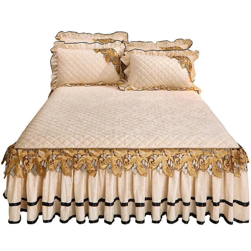 Luxury velvet quilted bedspread set for king size bed, includes soft bedskirt and two pillowcases, embossed European design by SHOWLU FASHION.