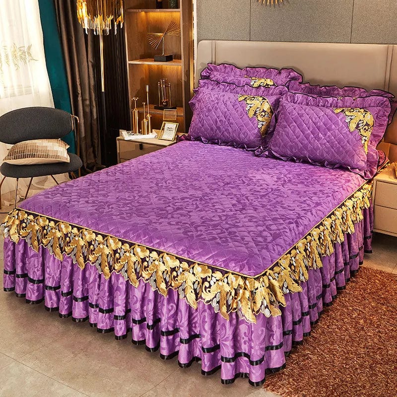 Luxury velvet quilted bedspread set for king size beds, includes matching pillowcases and soft bedskirt with embossed design.