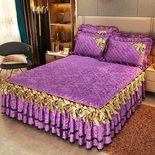 Luxury velvet quilted bedspread set for king size beds, includes matching pillowcases and soft bedskirt with embossed design.