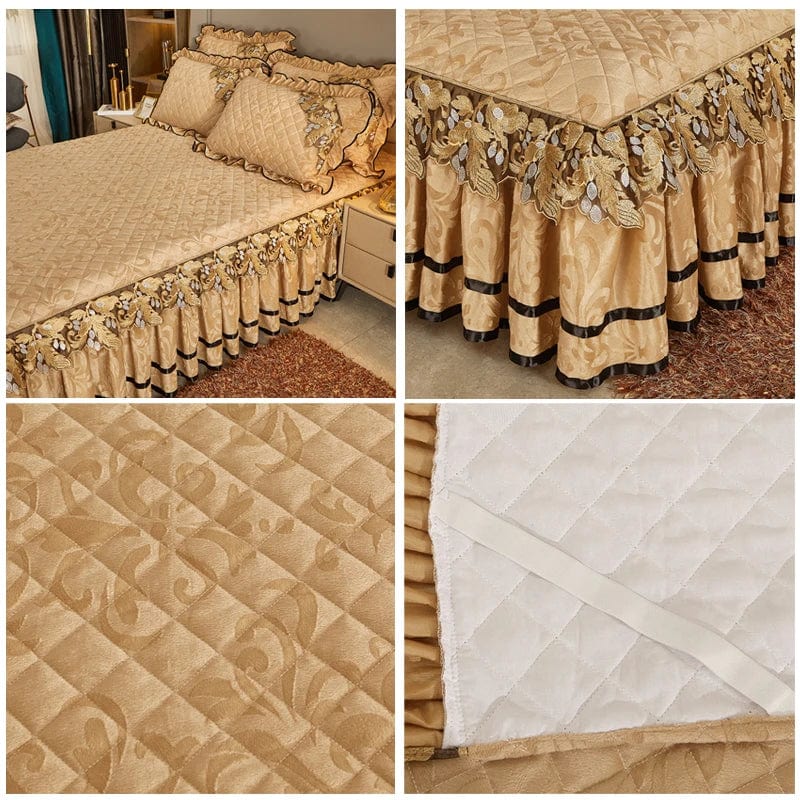 Luxury velvet quilted king-size bedspread set with embossed design, includes matching pillowcases and bedskirt for a elegant bedroom look.