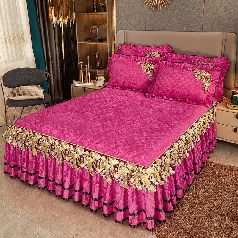 Luxury velvet quilted bedspread set for king-size beds with embossed design, including matching pillowcases and bedskirt.