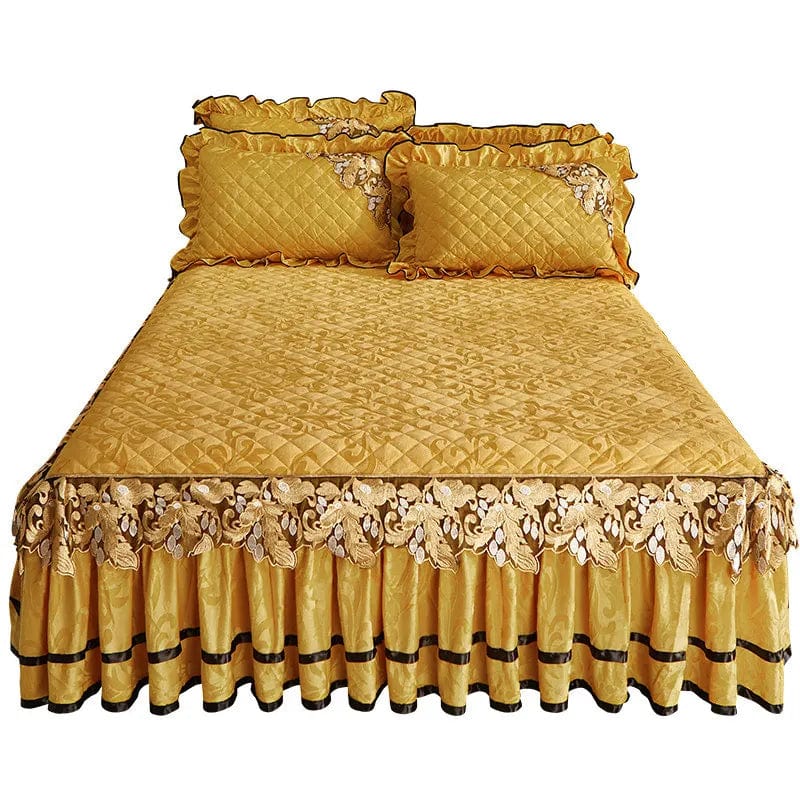 Luxury velvet quilted bedspread set for king-sized beds, with matching pillowcases and soft bedskirt in elegant European style.