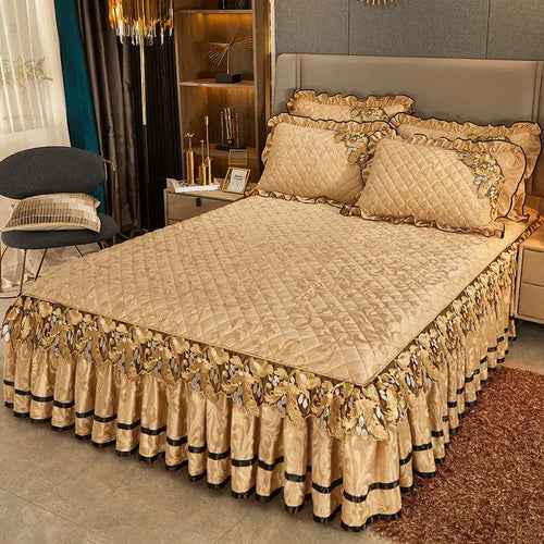 Luxury velvet quilted bedspread set for king size bed with embossed design, includes matching pillowcases and bedskirt in elegant style.