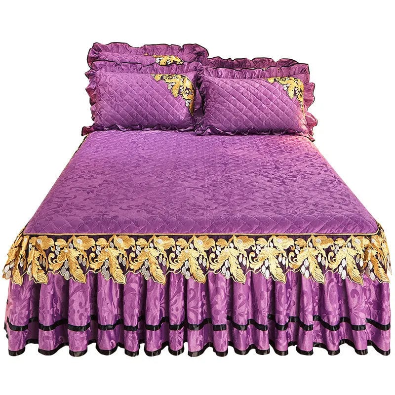 Luxury velvet quilted bedspread set for king size bed, includes embossed solid cover, matching pillowcases, and soft bedskirt.