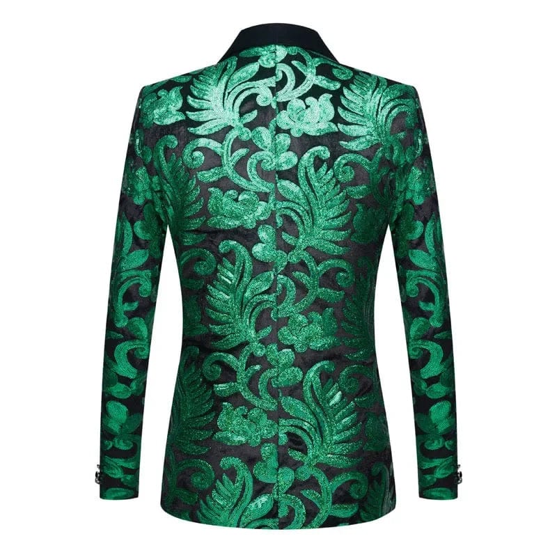 Showlu men's green velvet sequin slim fit 2-piece wedding suit blazer and trousers, elegant groom attire with fashionable details