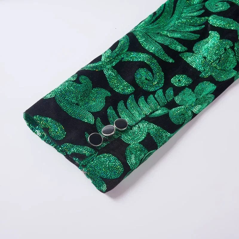 Showlu men's green velvet sequin slim fit 2-piece wedding suit blazer and trousers, stylish groom's fashion ensemble.