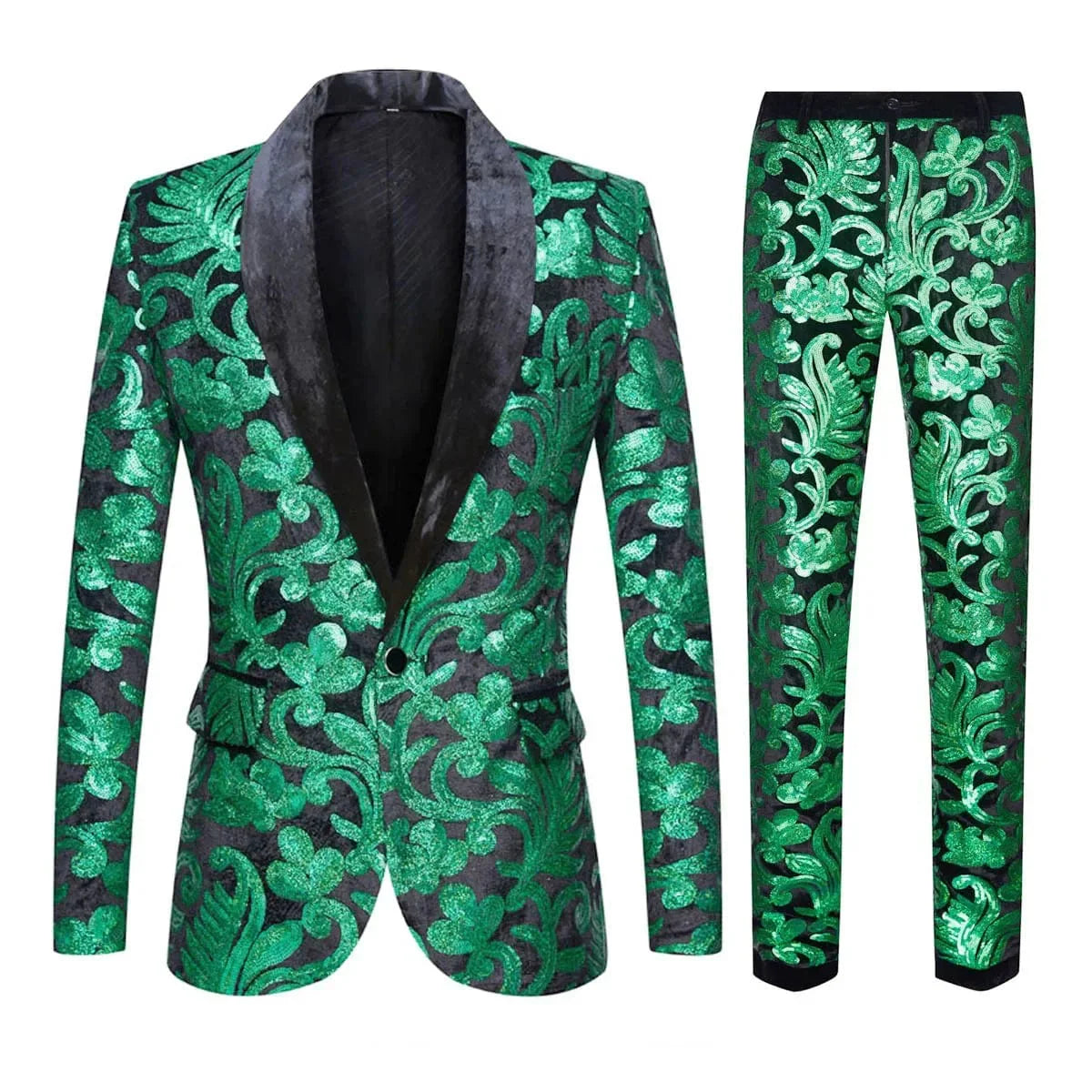 Showlu men's green velvet sequin slim fit 2-piece wedding suit blazer and trousers for a stylish groom or formal occasion.