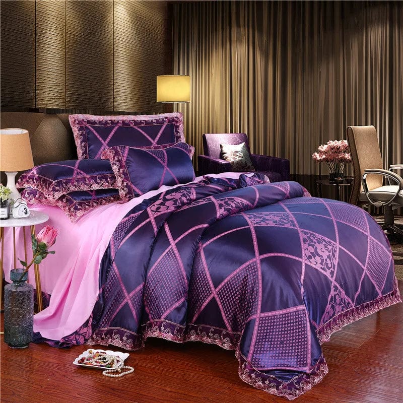 European Jacquard bedding set with flower lace duvet cover, quilt cover, and pillowcases featuring intricate floral patterns.