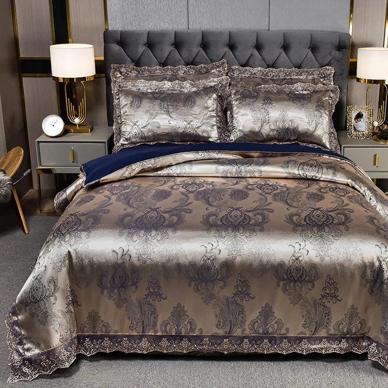 European Jacquard bedding set with flower lace duvet cover, quilt cover, and pillowcases featuring elegant floral patterns.