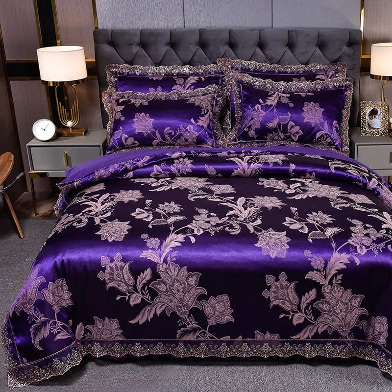 European Jacquard bedding set with flower lace duvet cover, quilt cover, and pillowcases, showcasing elegant floral design.