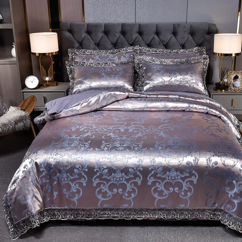 European Jacquard bedding set by Showlu Fashion with floral lace duvet cover, quilt cover, and matching pillowcases.