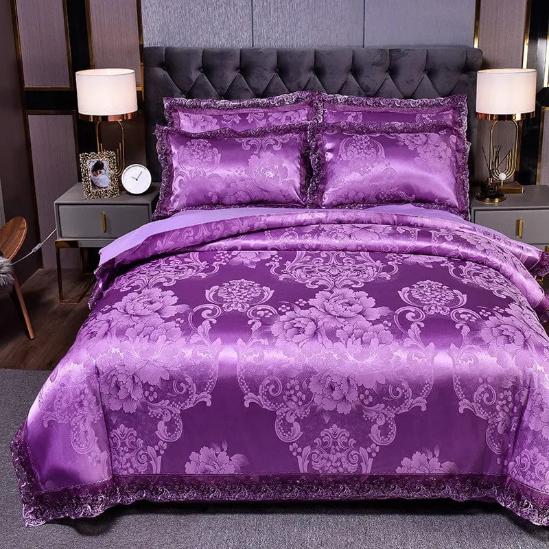 European Jacquard bedding set with flower lace duvet cover, quilt cover, and pillowcases featuring elegant floral design.