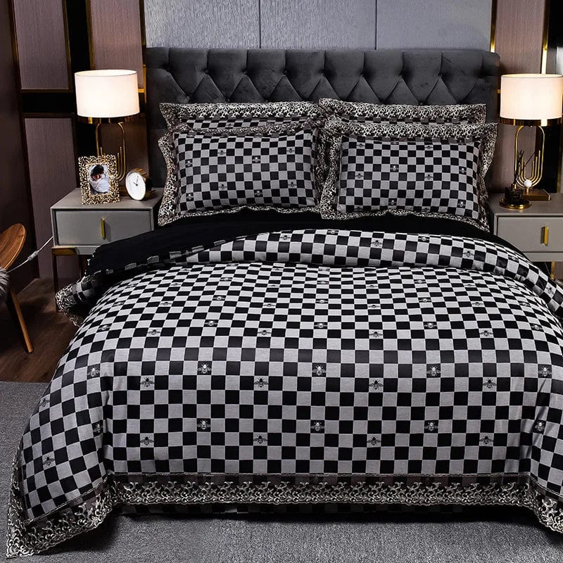 European Jacquard bedding set by Showlu Fashion with floral lace duvet cover, quilt cover, and matching pillowcases.