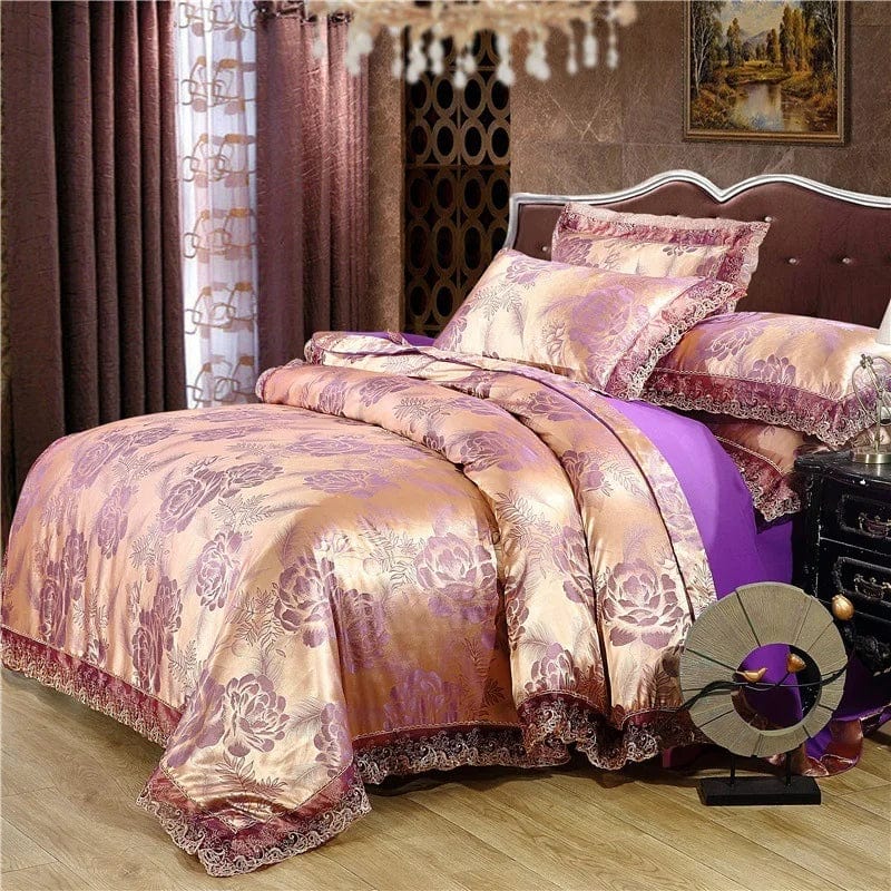 European Jacquard bedding set featuring floral lace duvet cover, quilt cover, and matching pillowcases for elegant bedroom decor.