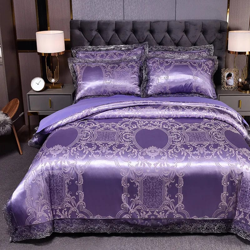 European Jacquard bedding set with flower lace duvet cover, pillowcases, and quilt cover featuring elegant floral patterns.