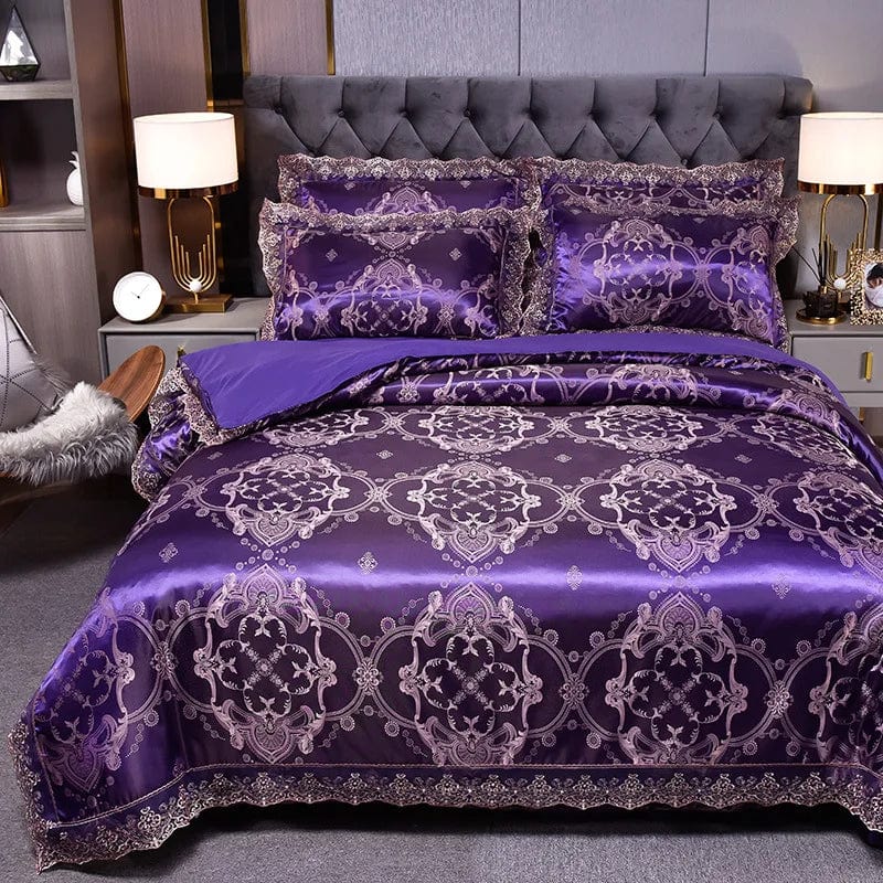 European Jacquard bedding set by Showlu Fashion with flower lace duvet cover, quilt cover, and matching pillowcases.