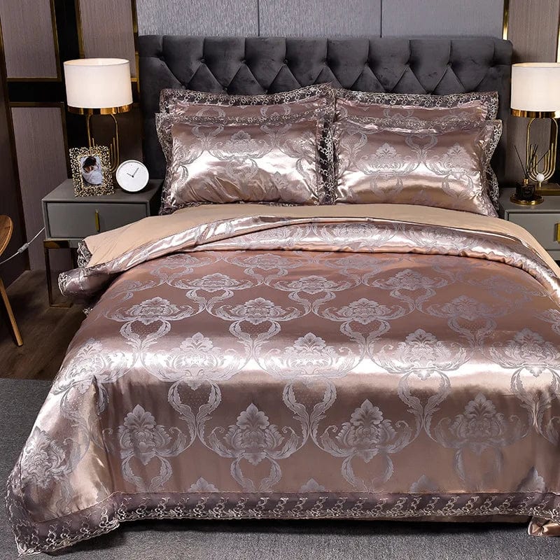 European Jacquard bedding set by Showlu Fashion with flower lace duvet cover, pillowcases, and elegant bed sheets.