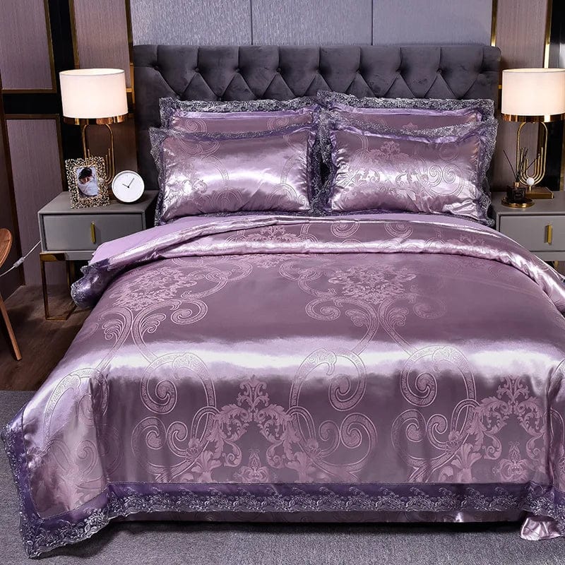 European Jacquard bedding set by Showlu Fashion with floral lace duvet cover, matching pillowcases, and decorative bedsheet.