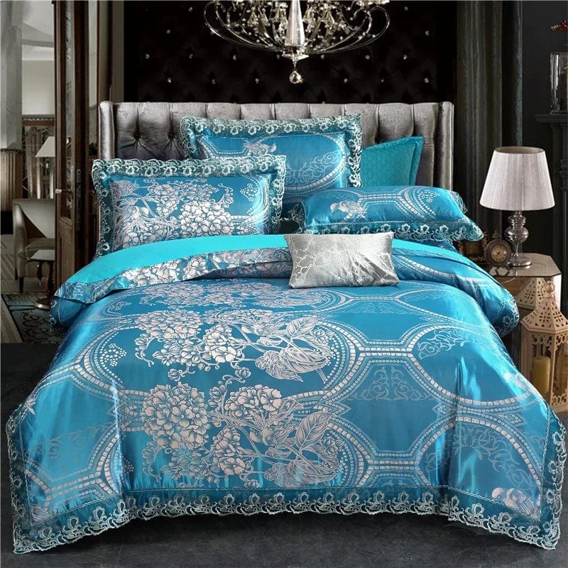 European Jacquard bedding set by Showlu Fashion with flower lace duvet cover, quilt cover, and matching pillowcases, elegant home decor.