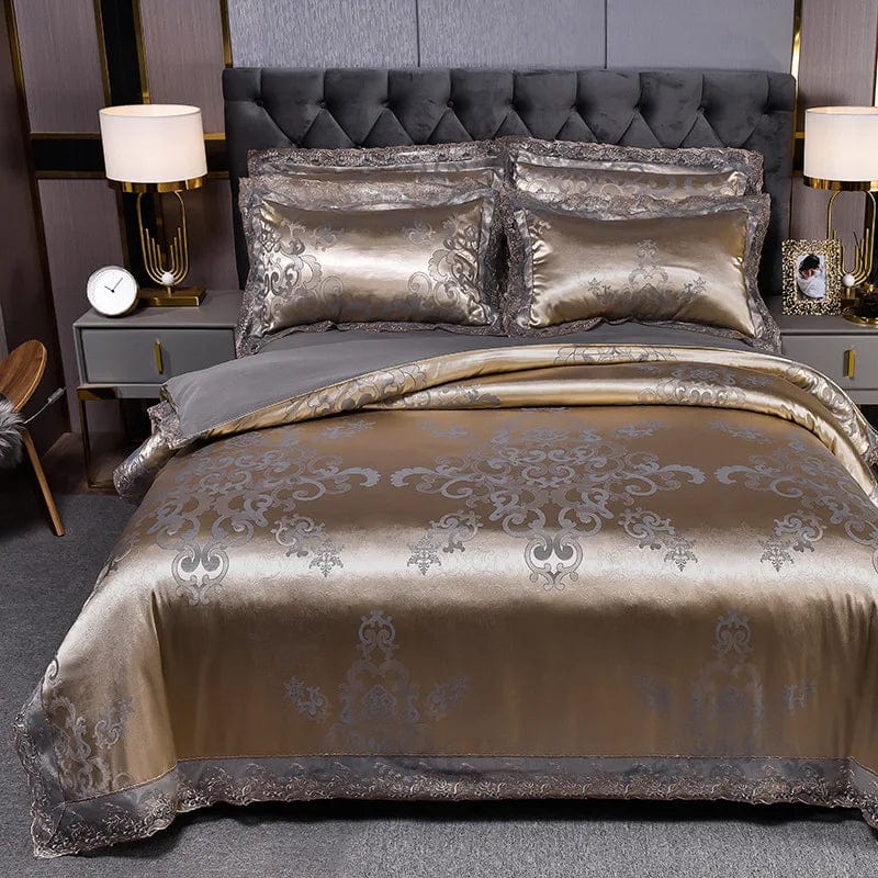 European Jacquard bedding set by Showlu Fashion with floral lace duvet cover, quilt cover, and matching pillowcases.