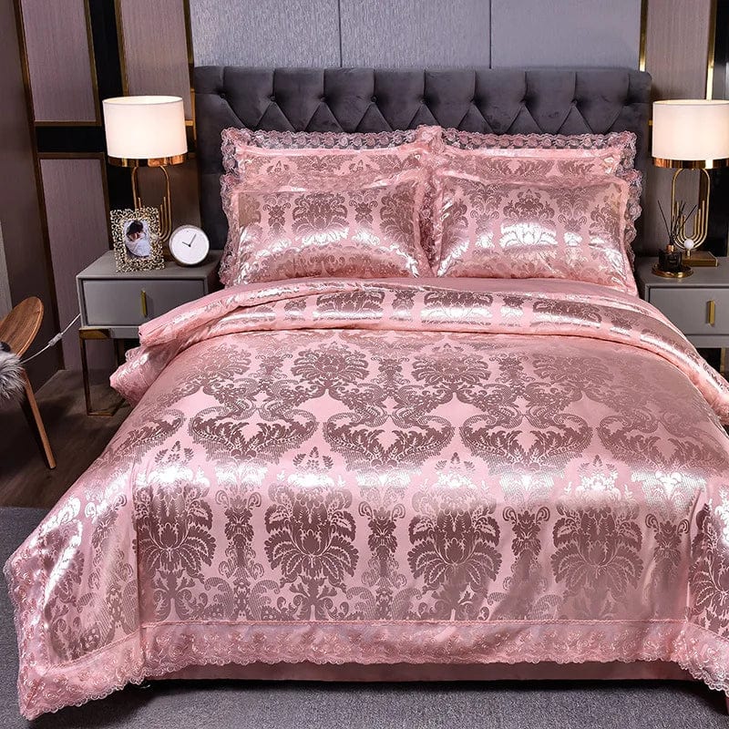European Jacquard bedding set with flower lace duvet cover, quilt cover, and pillowcases, featuring elegant, textured fabric.