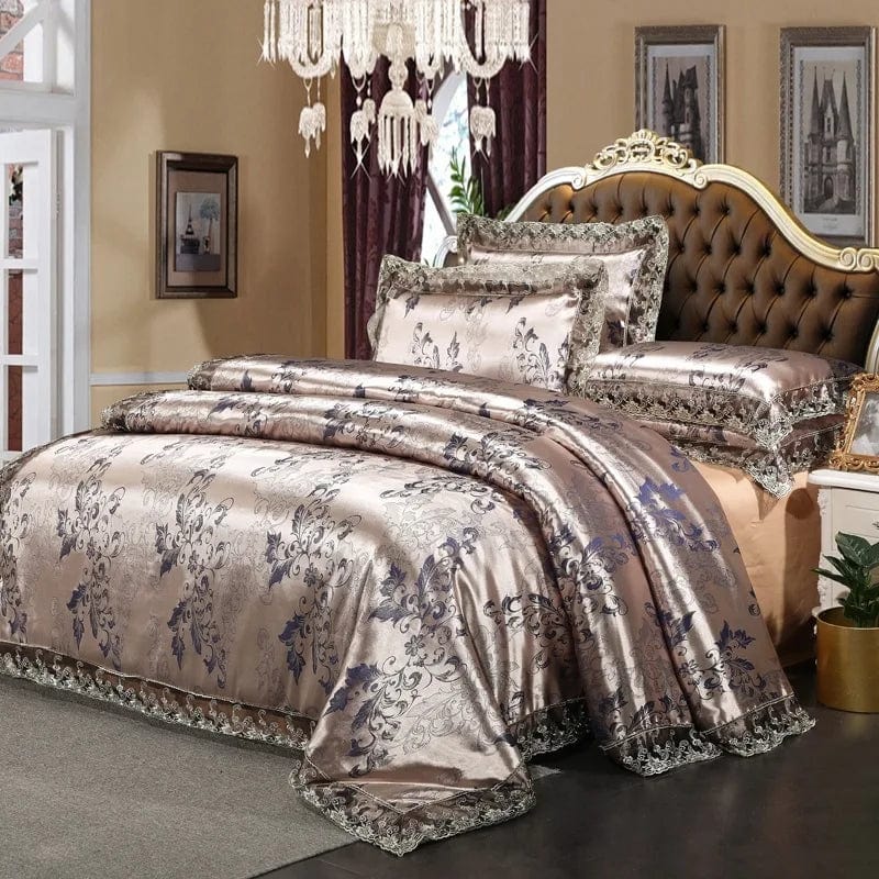 European Jacquard bedding set with flower lace duvet cover, quilt cover, and pillowcases featuring elegant floral patterns.