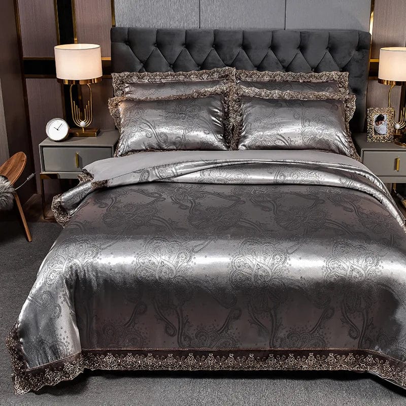 European Jacquard bedding set by Showlu Fashion with flower lace duvet cover, quilt cover, and matching pillowcases on a bed.