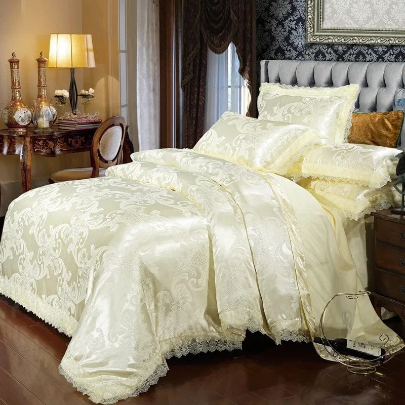 European Jacquard bedding set by Showlu Fashion with floral lace duvet cover, quilt cover, and matching pillowcases.