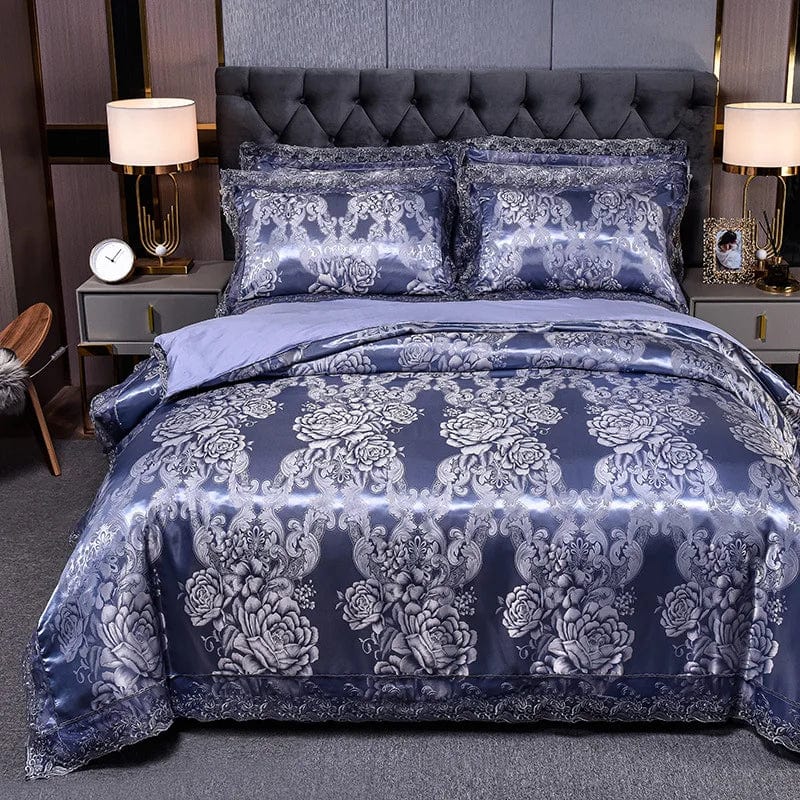 European Jacquard bedding set with flower lace duvet cover, includes quilt cover and pillowcases, elegant and decorative for bedroom.