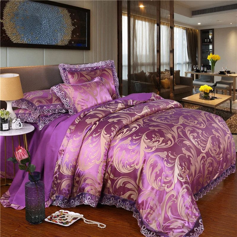 European Jacquard bedding set with flower lace duvet cover, quilt cover, and pillowcases, showcasing elegant floral design.