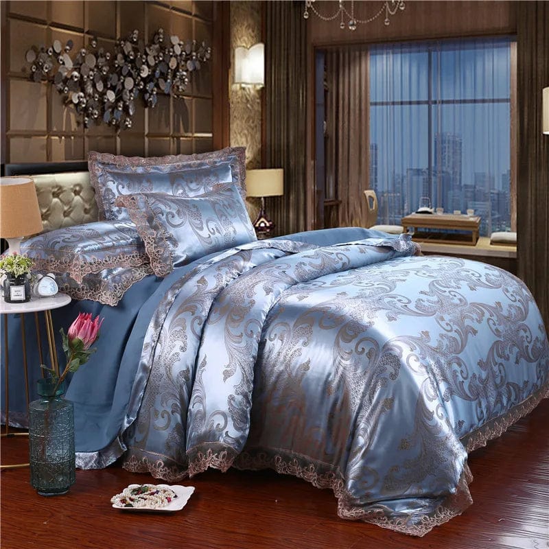 Showlu Fashion European Jacquard bedding set with floral lace duvet cover, pillowcases, and bedsheet in elegant home decor style.