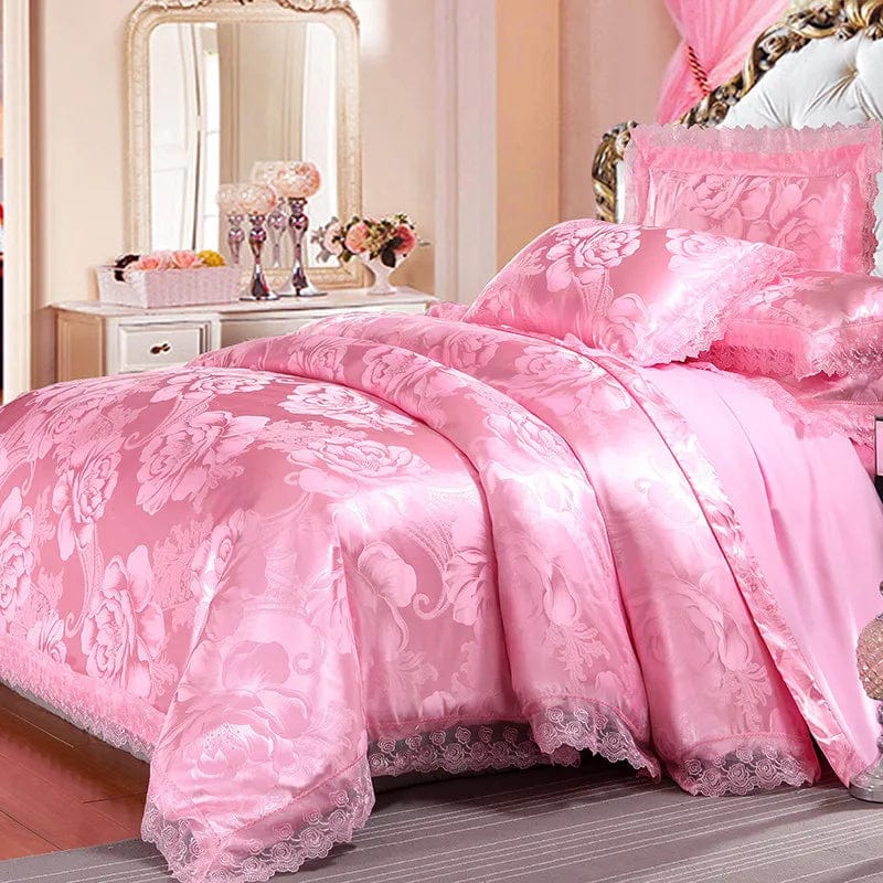 European Jacquard bedding set with flower lace duvet cover, includes quilt cover and pillowcases, elegant and comfortable design.