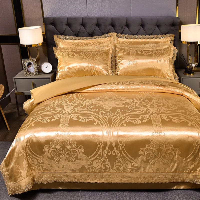 European Jacquard bedding set with flower lace duvet cover, pillowcases, and bedsheets for elegant bedroom decor