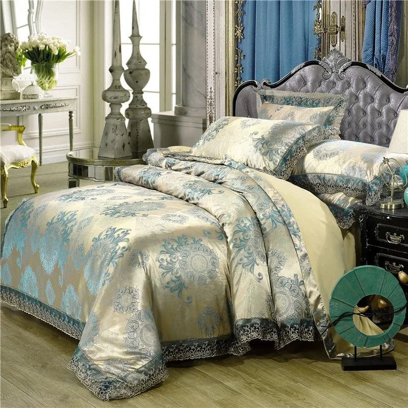 European Jacquard bedding set with flower lace duvet cover, quilt cover, and pillowcases, showcasing elegant floral patterns.