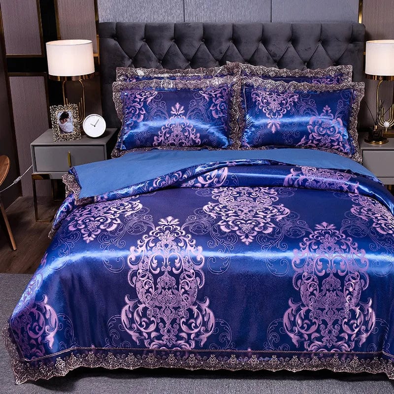 European Jacquard bedding set with flower lace duvet cover, quilt cover, and pillowcases featuring intricate floral patterns.