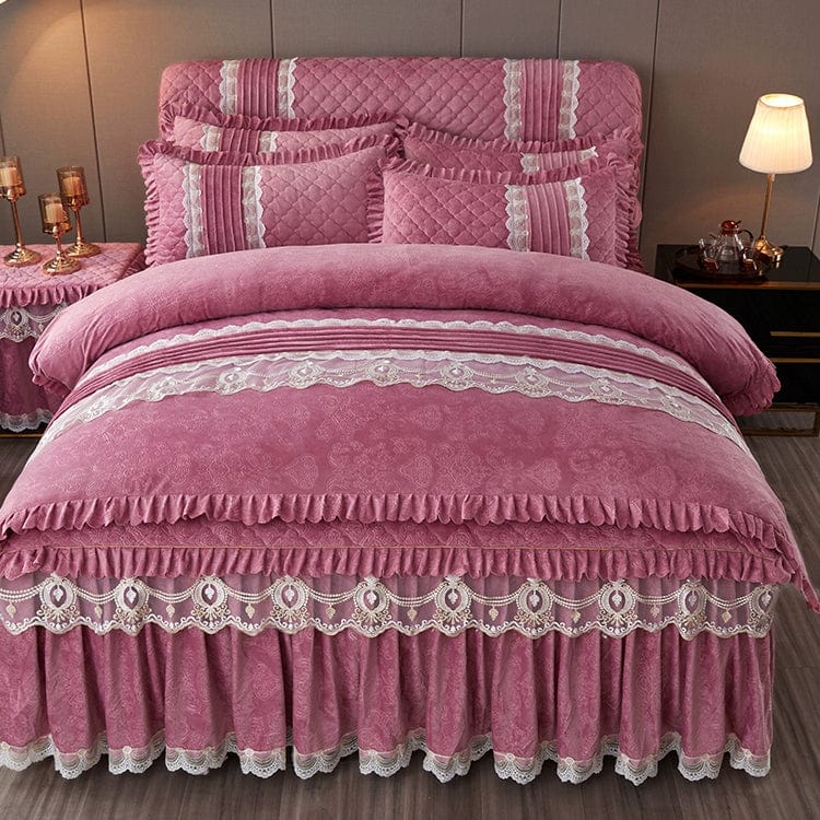 European velvet bed skirt set with quilted cover, lace details, and four-piece warm bedding ensemble for winter.