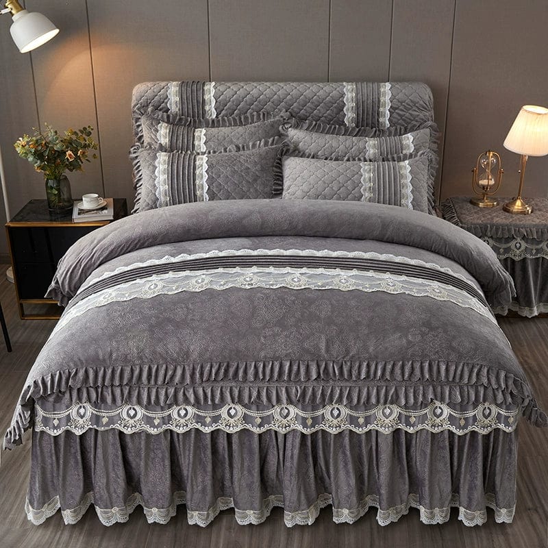 European velvet bed skirt set with quilted bedspread, four-piece warm bedding collection featuring lace details in a rich, cozy style.