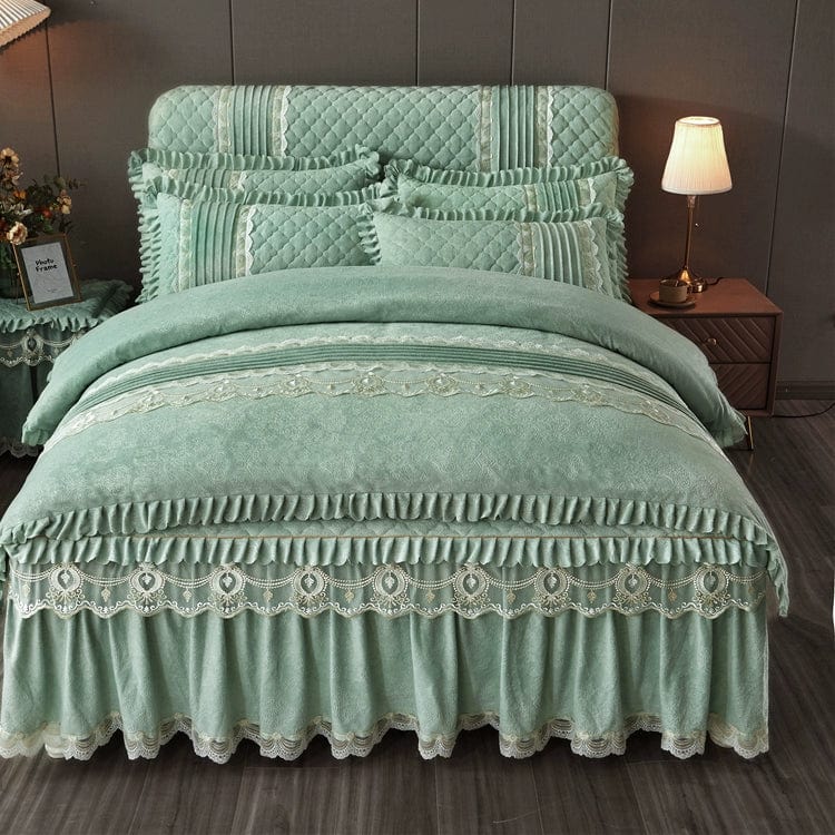 European velvet bed skirt and quilted bedspread 4-piece set by SHOWLU FASHION STORE, warm, thick, with lace detailing for winter decor.