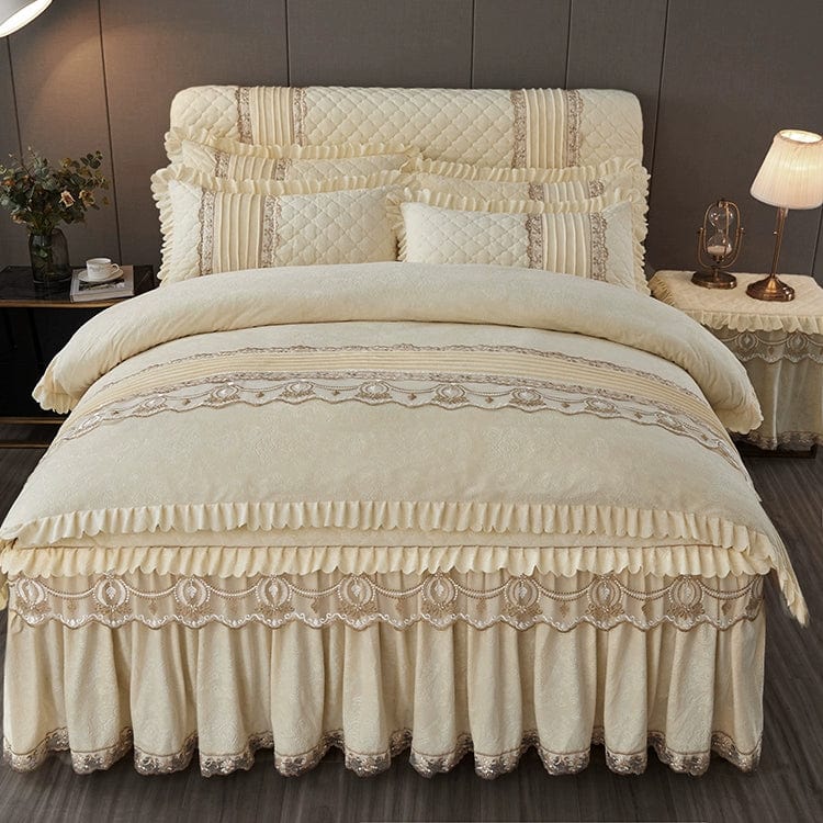European velvet bed skirt set by SHOWLU FASHION STORE, 4-piece quilted bedspread with lace detailing for a cozy winter bedroom.