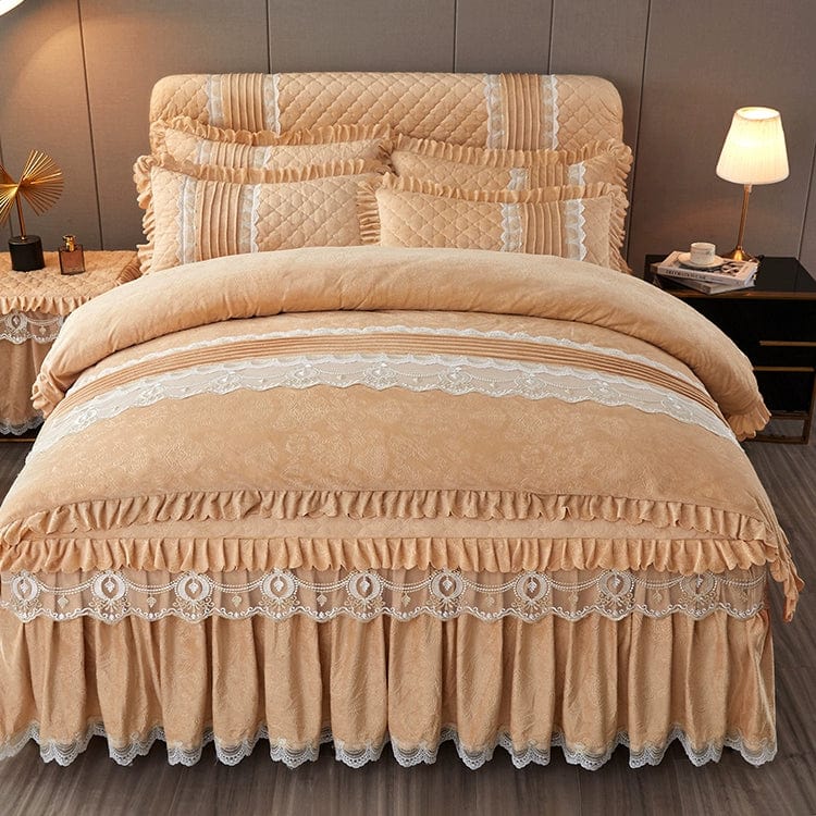 European Velvet Bed Skirt Set by SHOWLU FASHION STORE, 4-piece quilted bedspread set with lace accents in warm, pure color for winter.