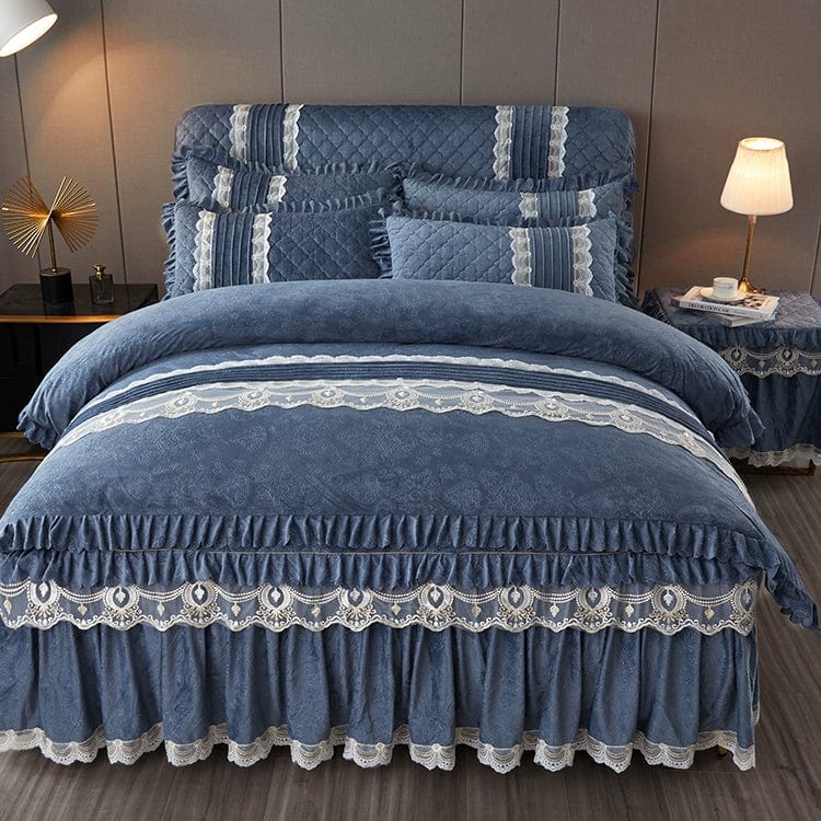 European velvet bed skirt and quilted bedspread 4-piece set in warm, pure color with lace details, designed for winter comfort.