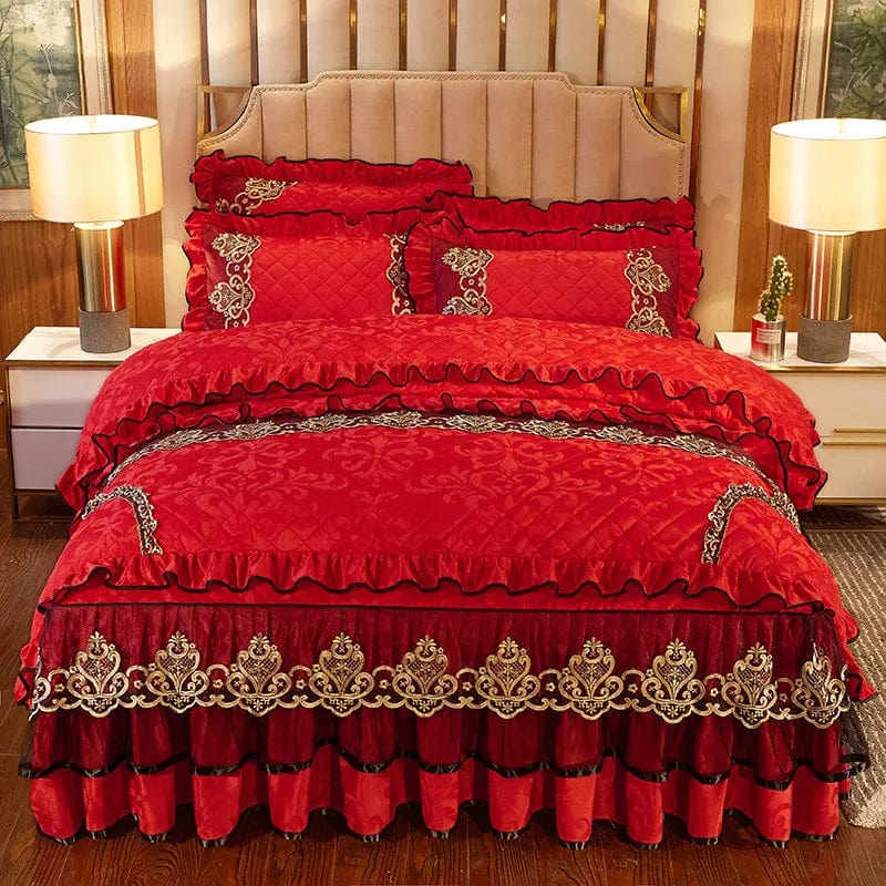 Luxury Ai·Winsure velvet bedding set by SHOWLU FASHION STORE featuring quilted lace duvet cover, pillowcases, and bedskirt in queen size